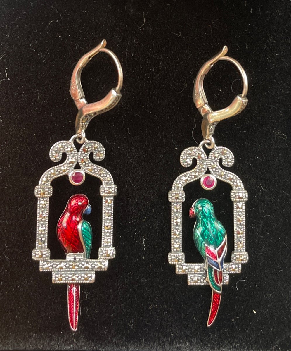 Silver Earrings Parrots Enemal Rubis