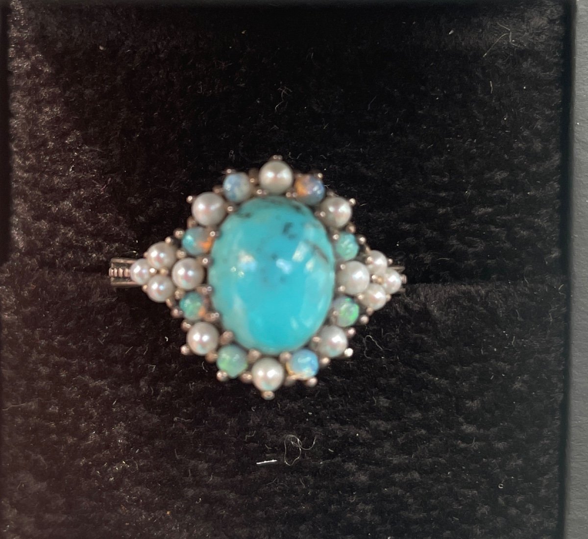 Bague Argent Turquoise Opales Perles Cultures