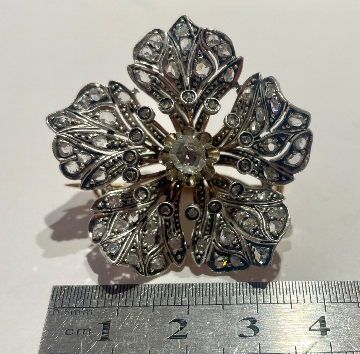 Broche Argent Or Diamants Taille Rose-photo-2