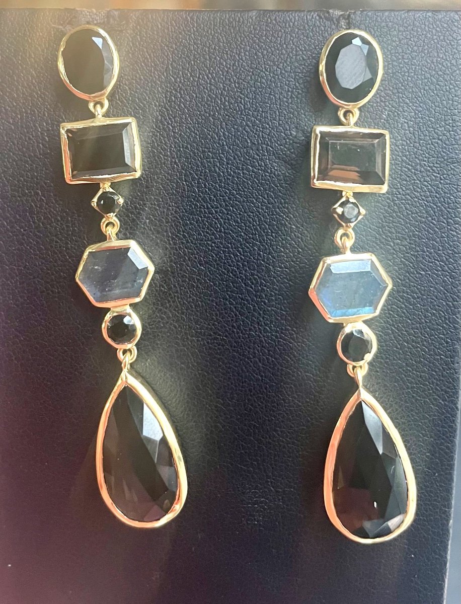 Boucles D’oreilles Vermeil Quartz Fumé ,labradorite , Onyx -photo-2