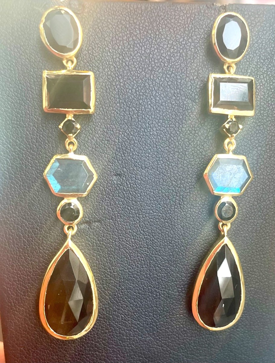 Boucles D’oreilles Vermeil Quartz Fumé ,labradorite , Onyx 