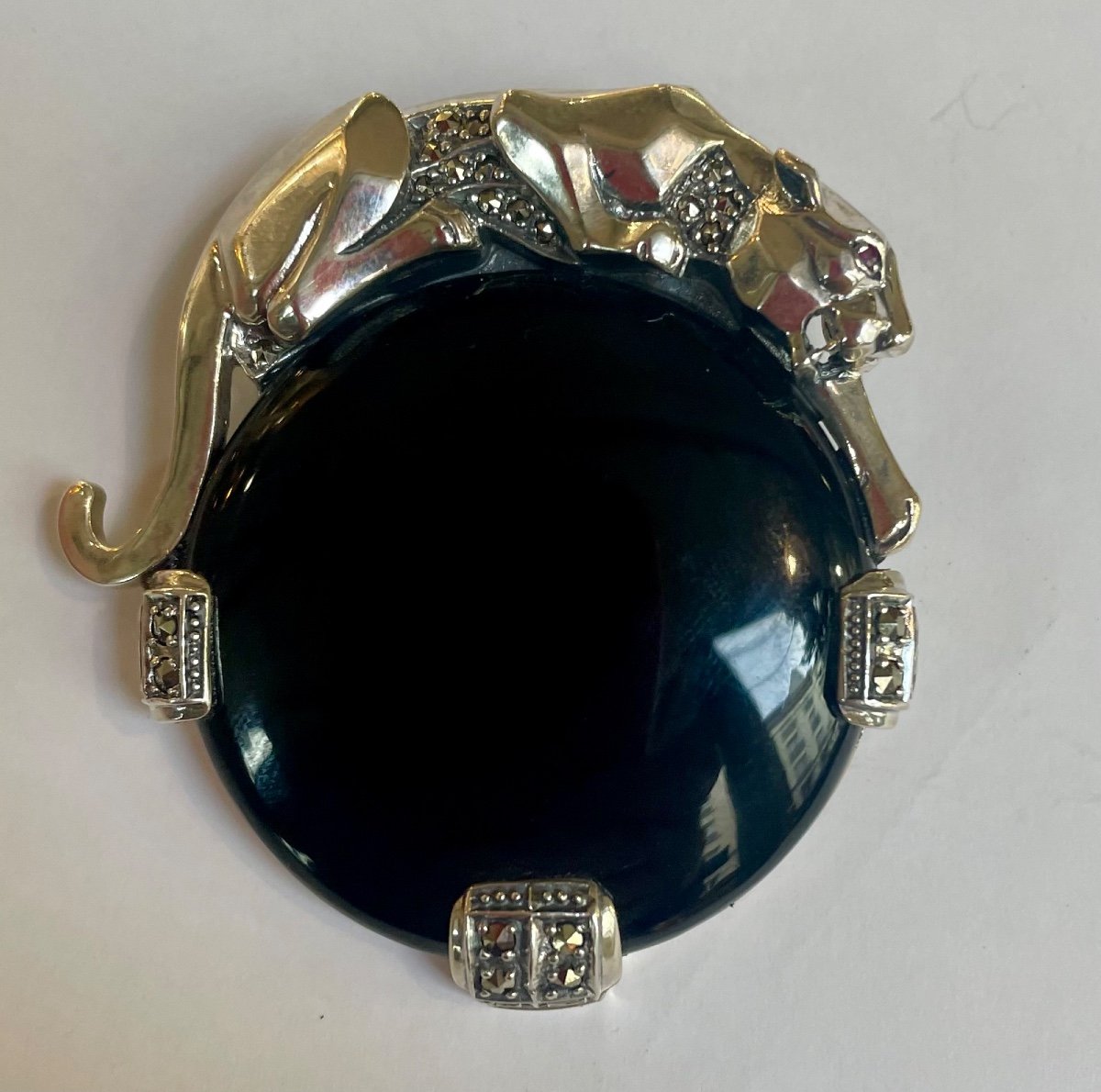 Broche Argent Onyx Marcassites