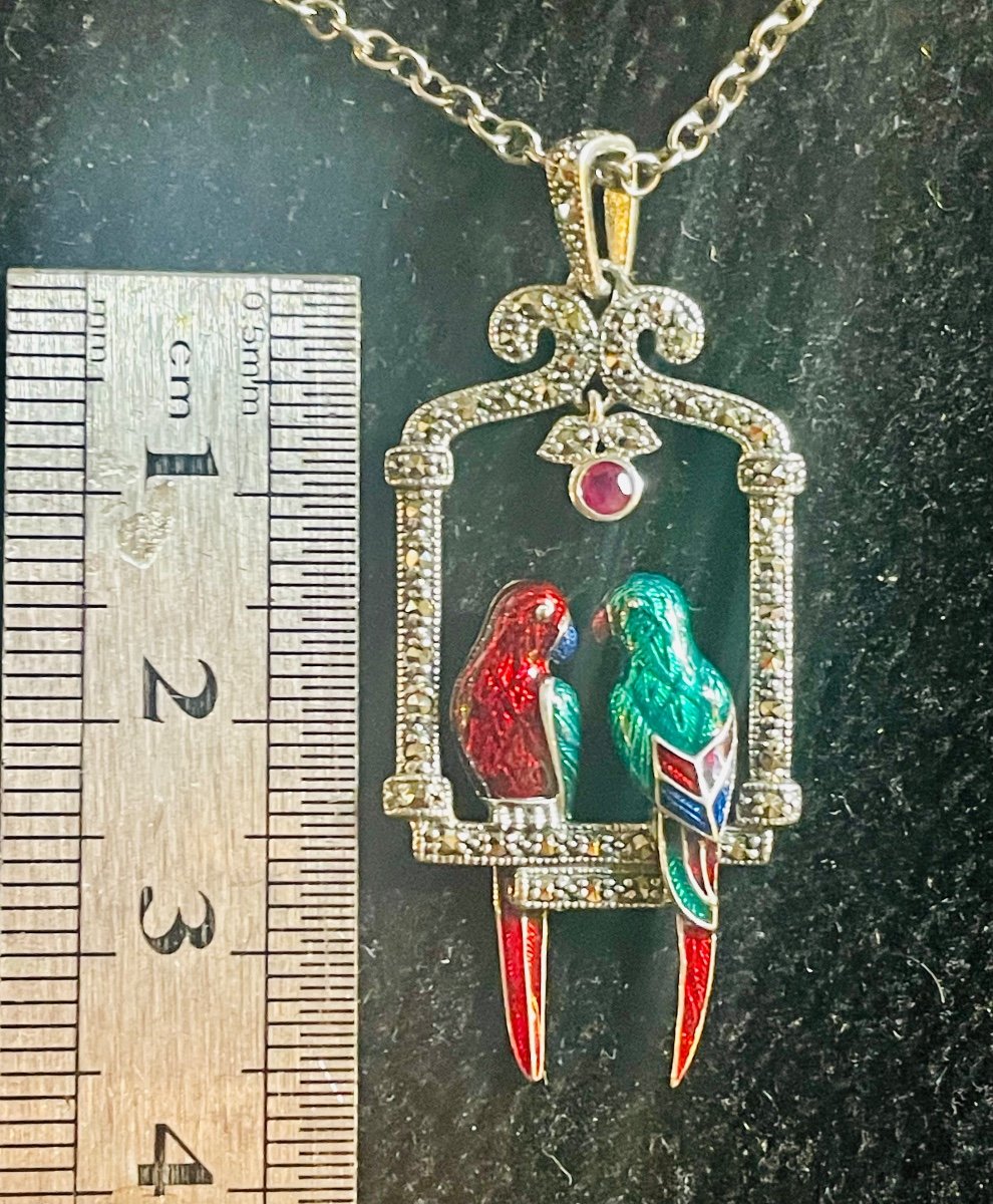 Pendentif Et Chaîne Argent, Marcassites , émail , Rubis-photo-4