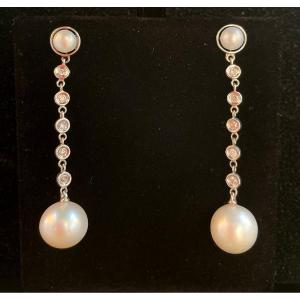 Boucles D’oreilles Or 18ct Diamants Perles Cultures 