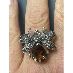 Bague Argent Quartz Fume Marcassites