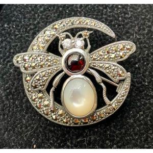 Pearly Silver Garnet Marcasite Brooch 