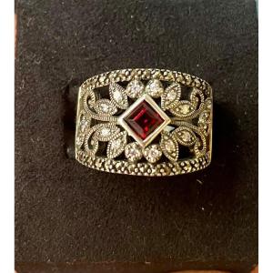 Bague Argent Grenat  Marcassites Zirconiums