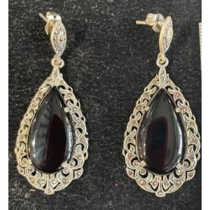 Boucles D’oreilles Argent Onyx Marcassites 