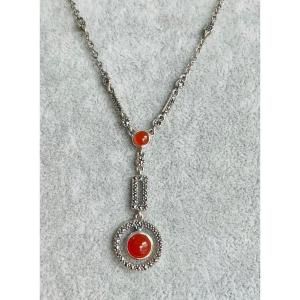 Silver Necklace Set With 2 Cabochons Of Carnelian And Marcasite 