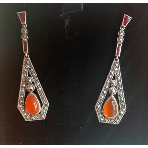 Carnelian Marcasite And Enamel Silver Earrings