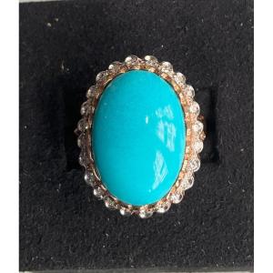 14 Cts Gold Ring Turquoise Surrounding Diamonds 