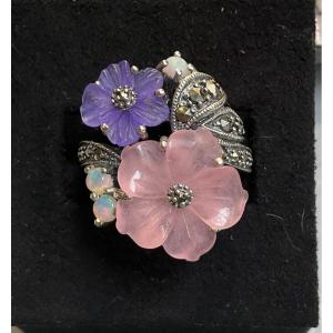 Bague Argent Quartz Rose , Jade Lavender, Opales ,Marcassites 