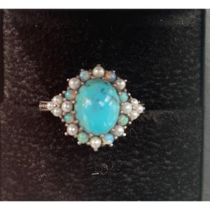 Silver Ring Turquoise Opals Cultured Pearls