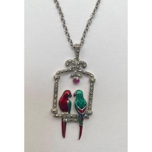 Pendentif Et Chaîne Argent, Marcassites , émail , Rubis