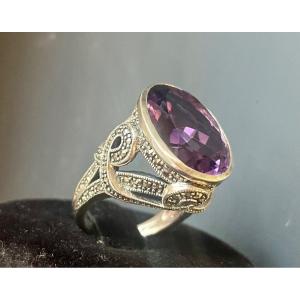 Silver Ring Amethyst Marcasite