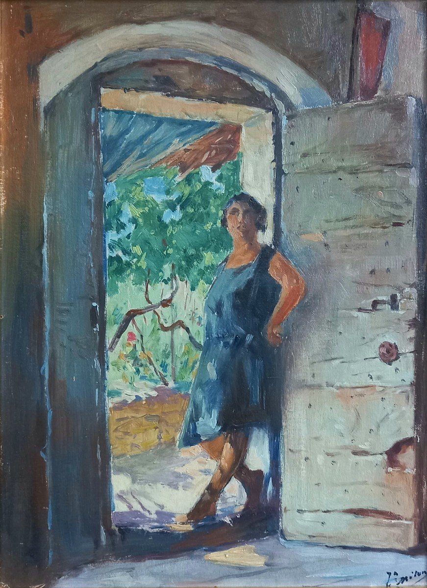  Woman In Front Of An Old Door     1929, Joseph Milon, Provençal School. 