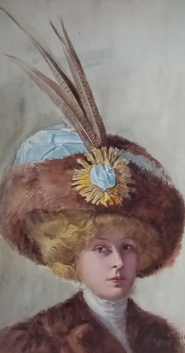 "woman With A Hat, From The Belle époque". Madeleine Duteillet. French School.-photo-1