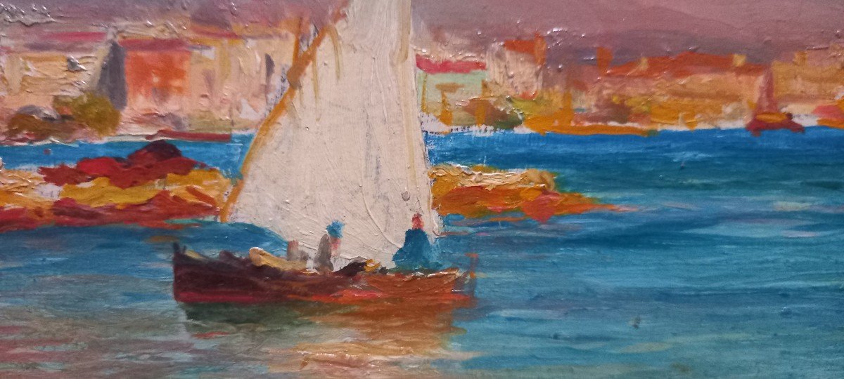 Port en méditerranée. François Gautier, école Provençale. -photo-3