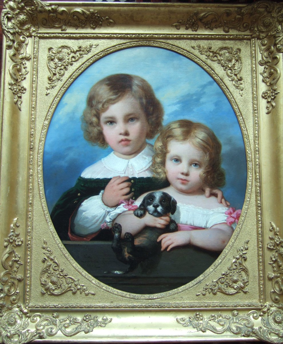 Portrait de deux enfants jouant avec un chien (1845). Raymond Q.  Monvoisin. Lima Pérou. -photo-2