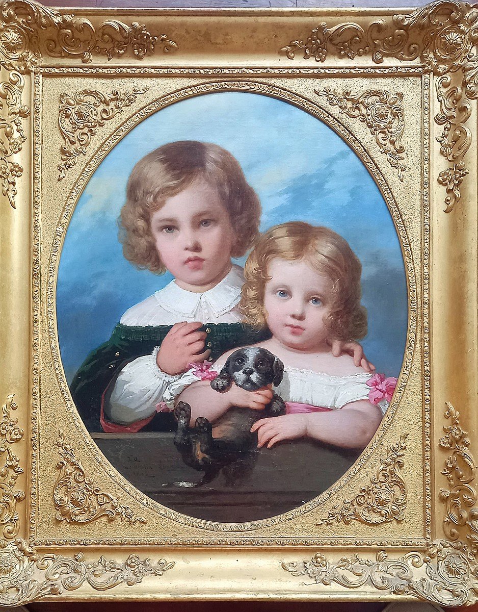 Portrait Of Two Children Playing With A Dog (1845). Raymond Monvoisin. Lima Peru. -photo-3