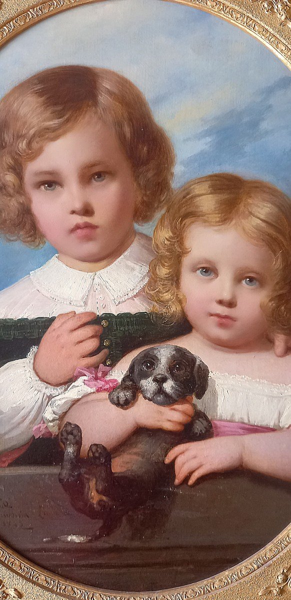 Portrait Of Two Children Playing With A Dog (1845). Raymond Monvoisin. Lima Peru. -photo-4