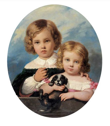 Portrait de deux enfants jouant avec un chien (1845). Raymond Q.  Monvoisin. Lima Pérou. 