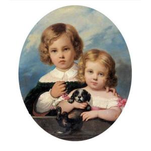 Portrait de deux enfants jouant avec un chien (1845). Raymond Q.  Monvoisin. Lima Pérou. 