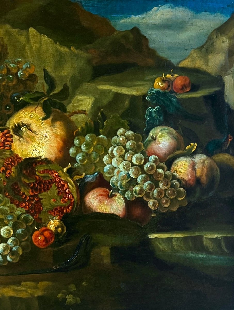 18th Century Roman Still Life Of Pomegranates, Grapes, Figs And A Lizard-photo-2