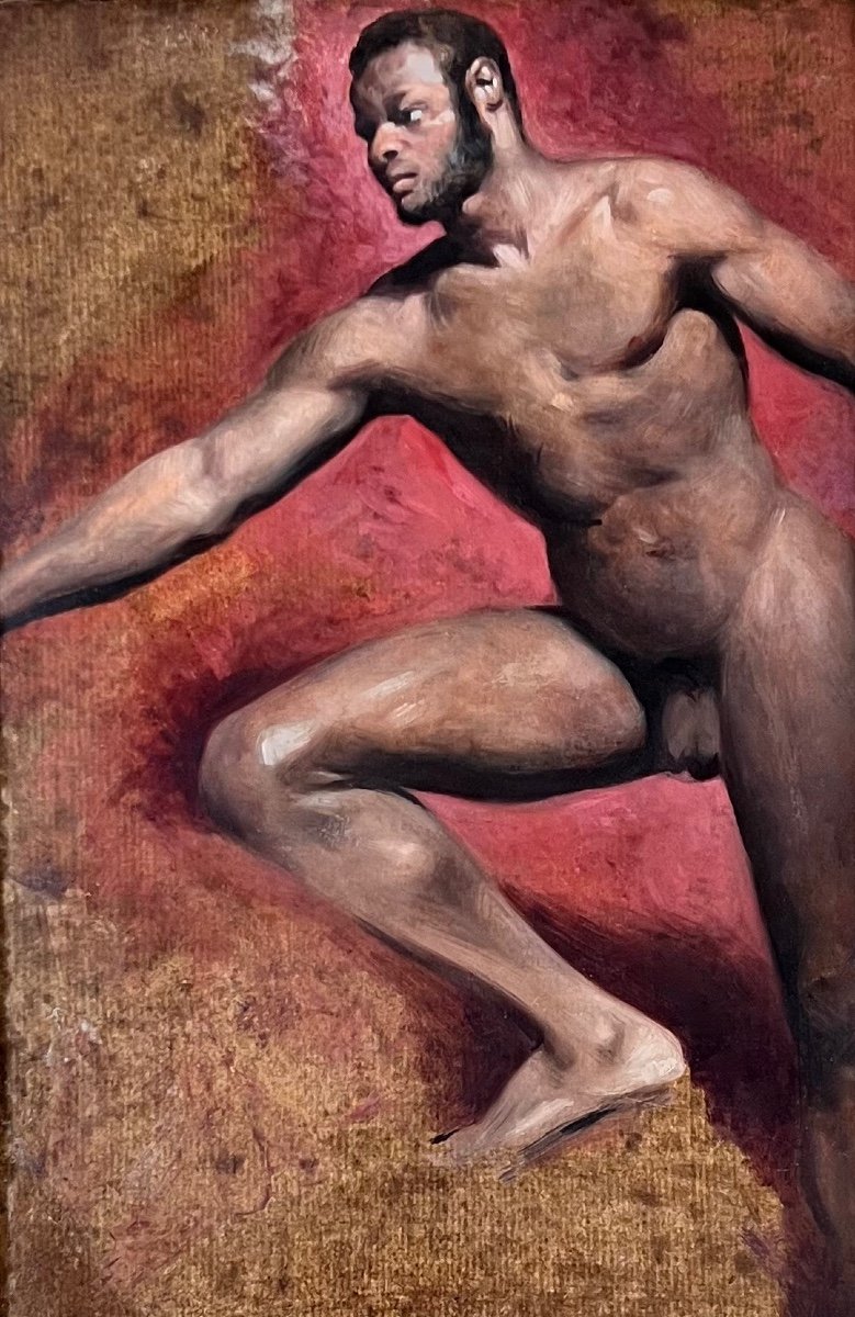 19th Century English Oil On Paper Study Of A Male Nude-photo-2