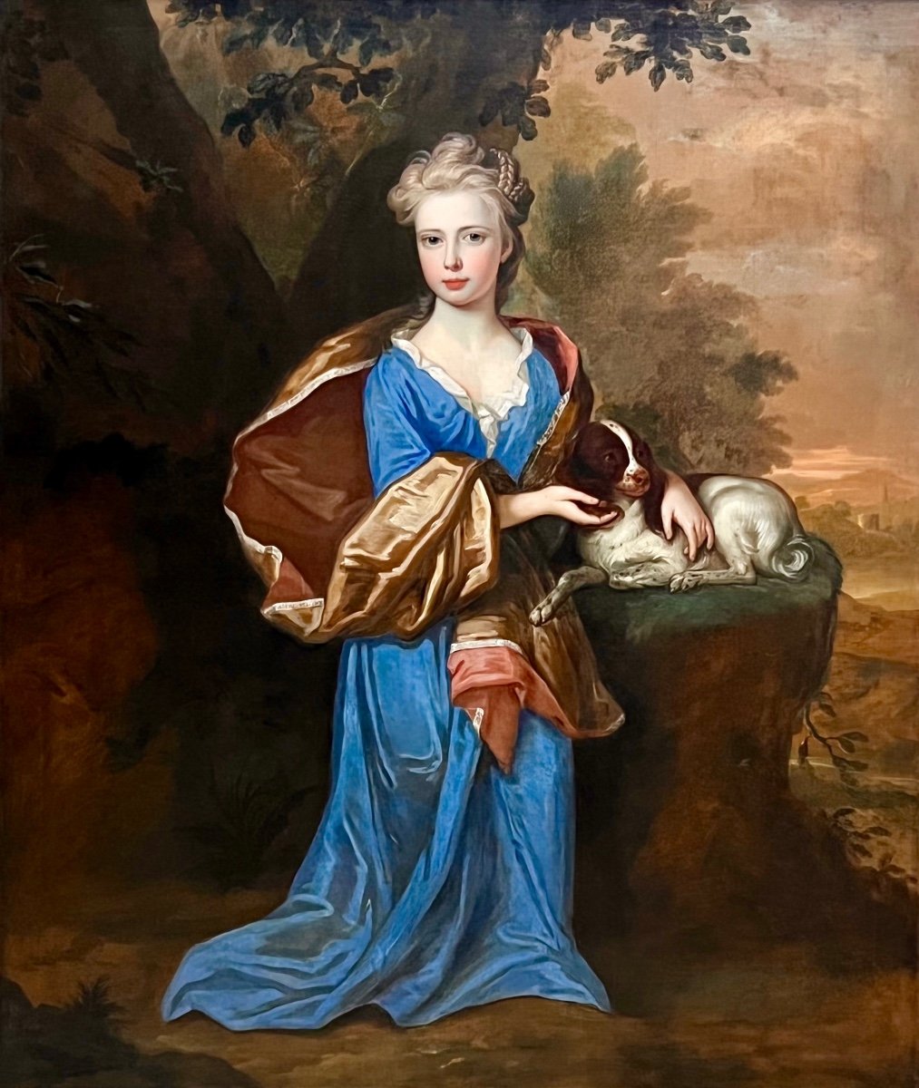 Portrait Of A Young Girl With Her Spaniel - Attributed To Robert Byng (1666-1720.)-photo-1