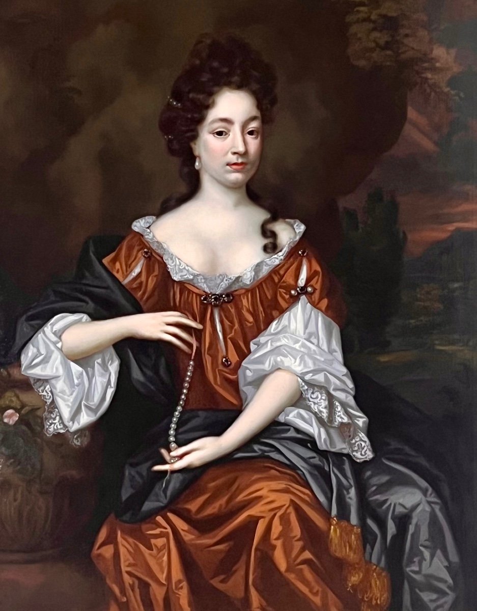 17eme Siècle Anglais Portrait d'Une Dame C. 1670 - Cercle De William Wissing (1656 - 1687)-photo-2