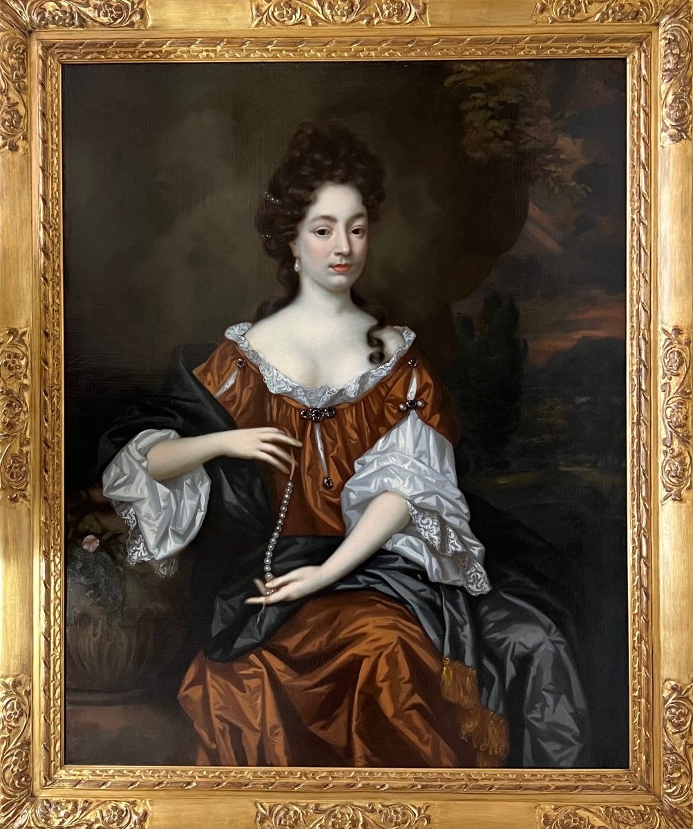 17eme Siècle Anglais Portrait d'Une Dame C. 1670 - Cercle De William Wissing (1656 - 1687)-photo-8