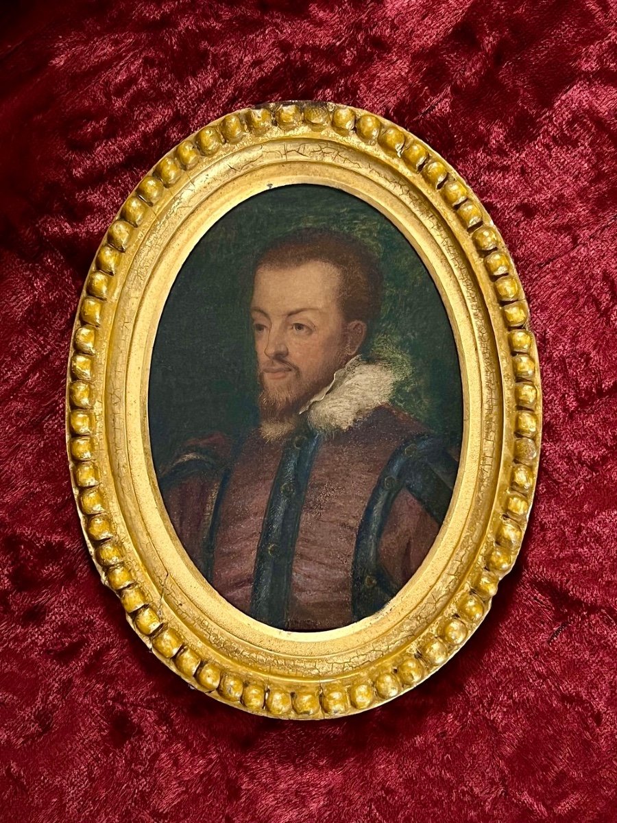 Early 17th Watercolor On Vellum Miniature Portrait Of King Philip II Of Spain-photo-2