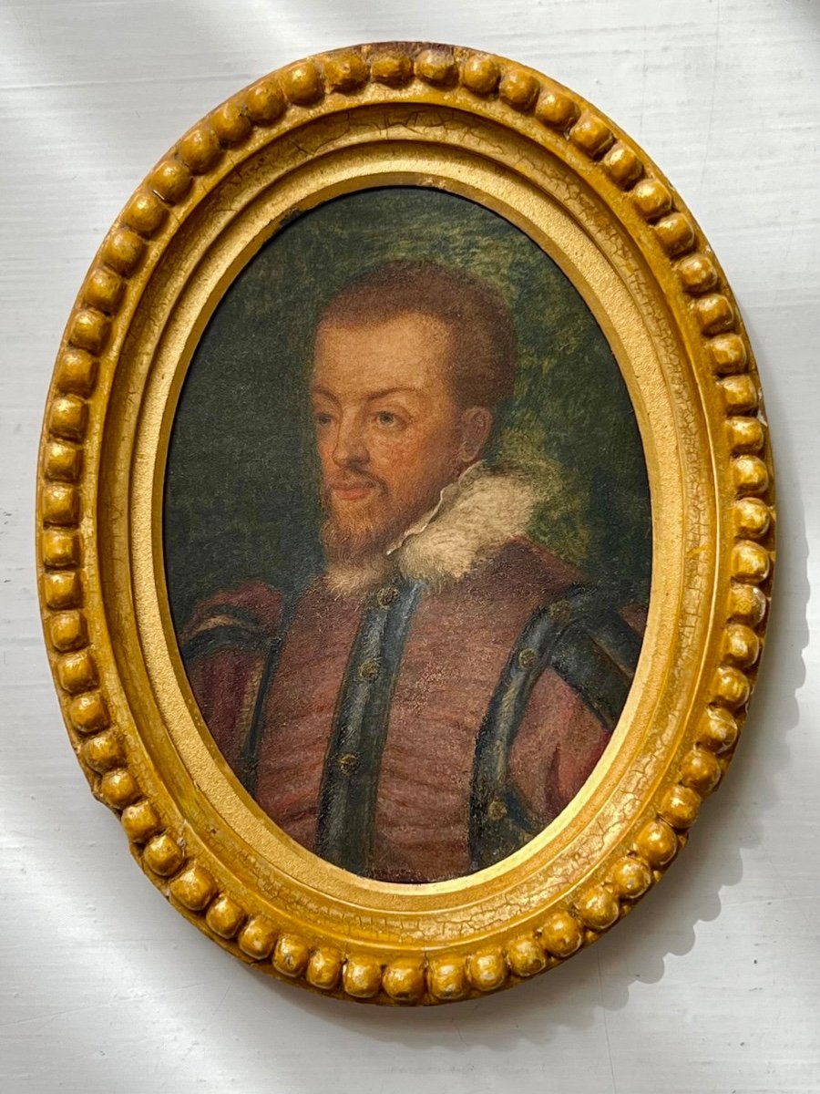 Early 17th Watercolor On Vellum Miniature Portrait Of King Philip II Of Spain-photo-1