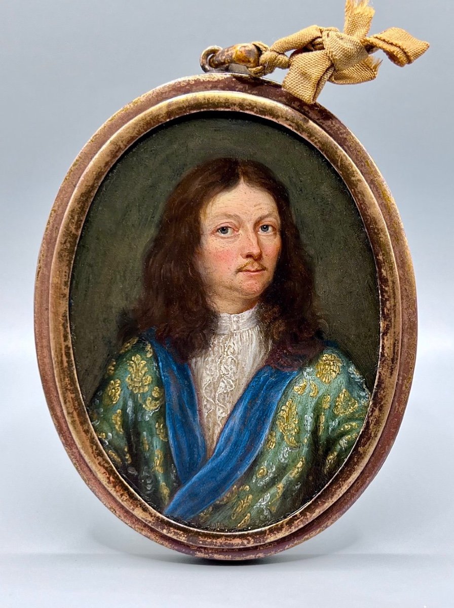 Huile Sur Cuivre Du 17ème Siècle Portrait Miniature d'Un Noble Homme