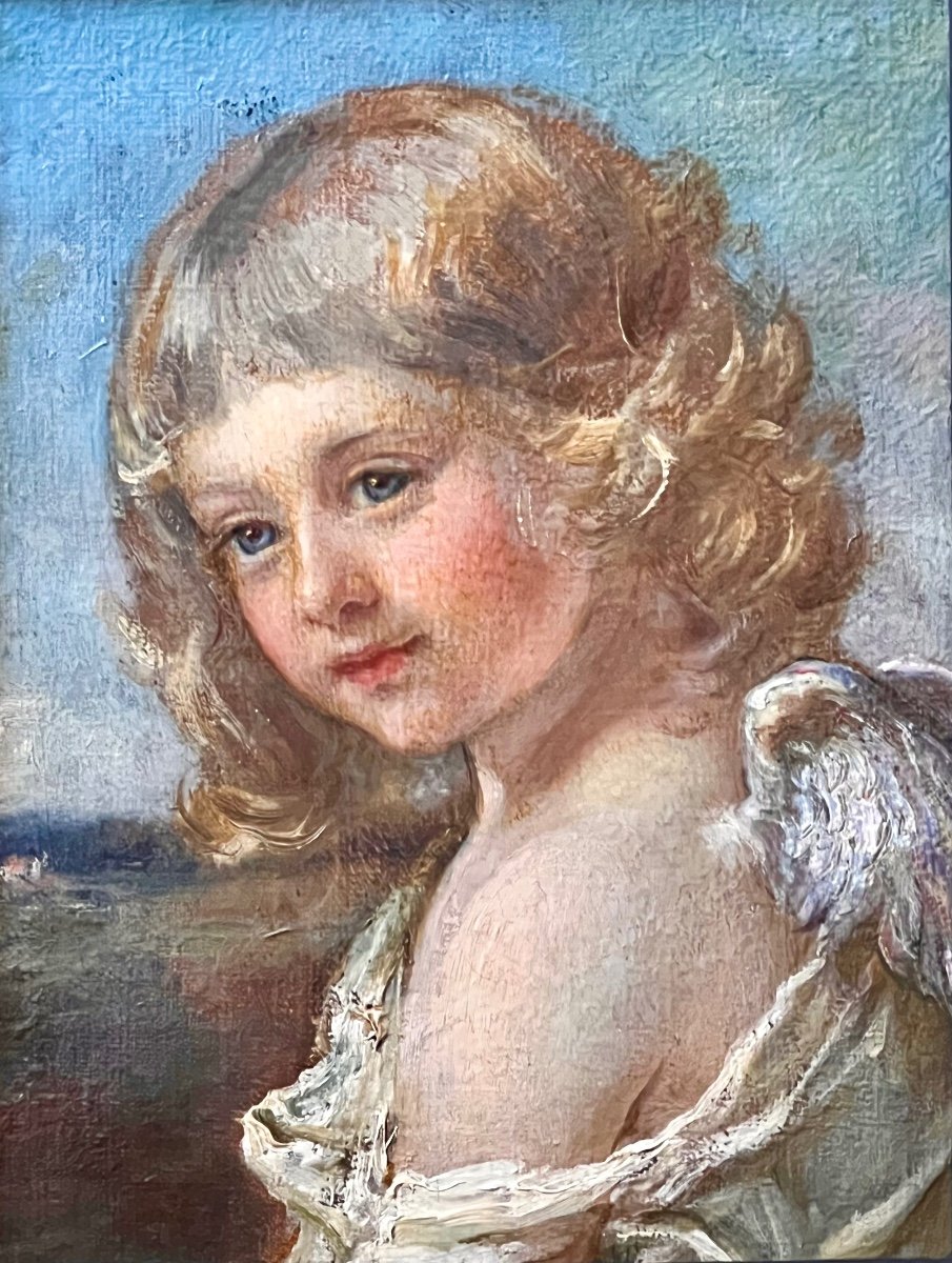  'Cupidon et Psyché'  - Une paire de portraits d'enfants à l'huile du 19ème siècle.-photo-2