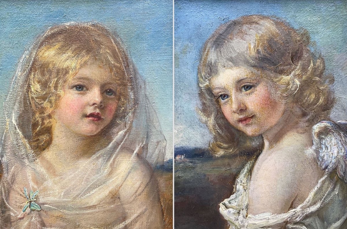  'Cupidon et Psyché'  - Une paire de portraits d'enfants à l'huile du 19ème siècle.-photo-4