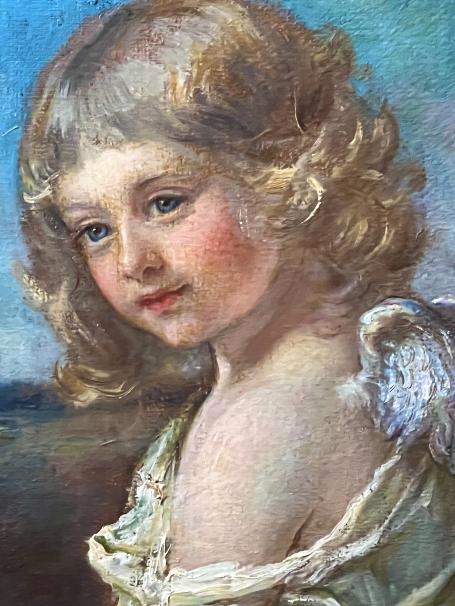  'Cupidon et Psyché'  - Une paire de portraits d'enfants à l'huile du 19ème siècle.-photo-2