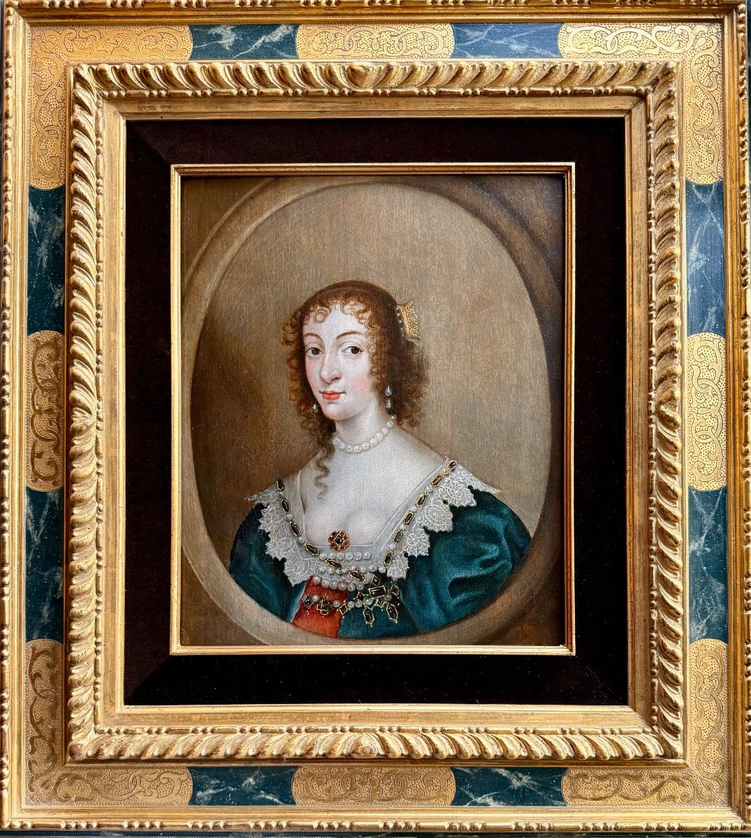 Van Dyck School - 17th Century Oil On Panel Portrait Of Queen Henrietta Maria -photo-2