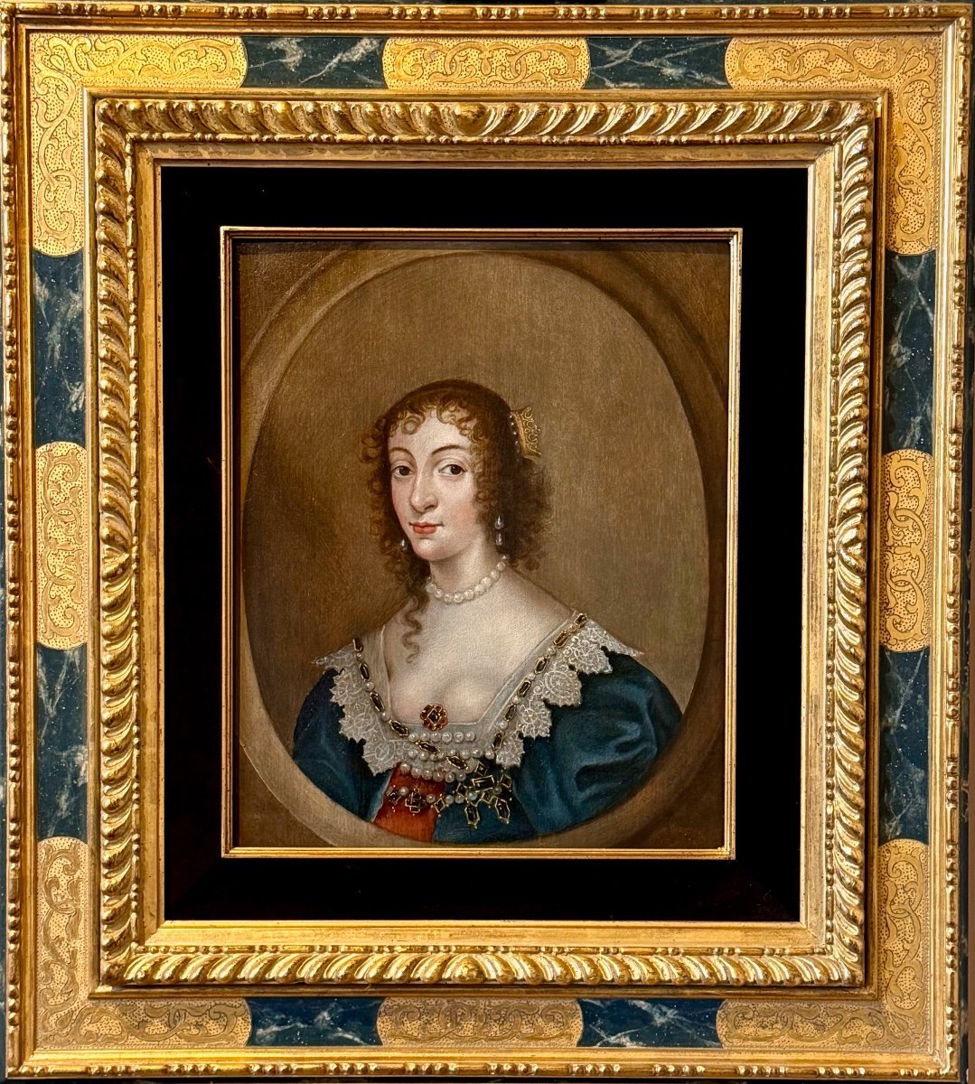 Van Dyck School - 17th Century Oil On Panel Portrait Of Queen Henrietta Maria -photo-6