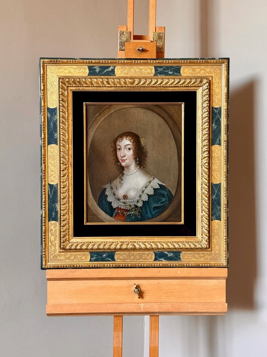 Van Dyck School - 17th Century Oil On Panel Portrait Of Queen Henrietta Maria -photo-8