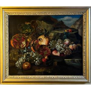 18th Century Roman Still Life Of Pomegranates, Grapes, Figs And A Lizard