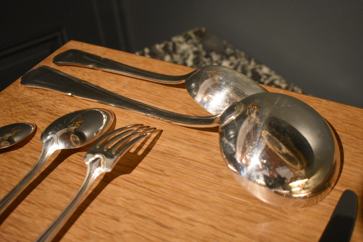 Cutlery Set In Silver Metal “contours” Model Of 62 Pieces-photo-4