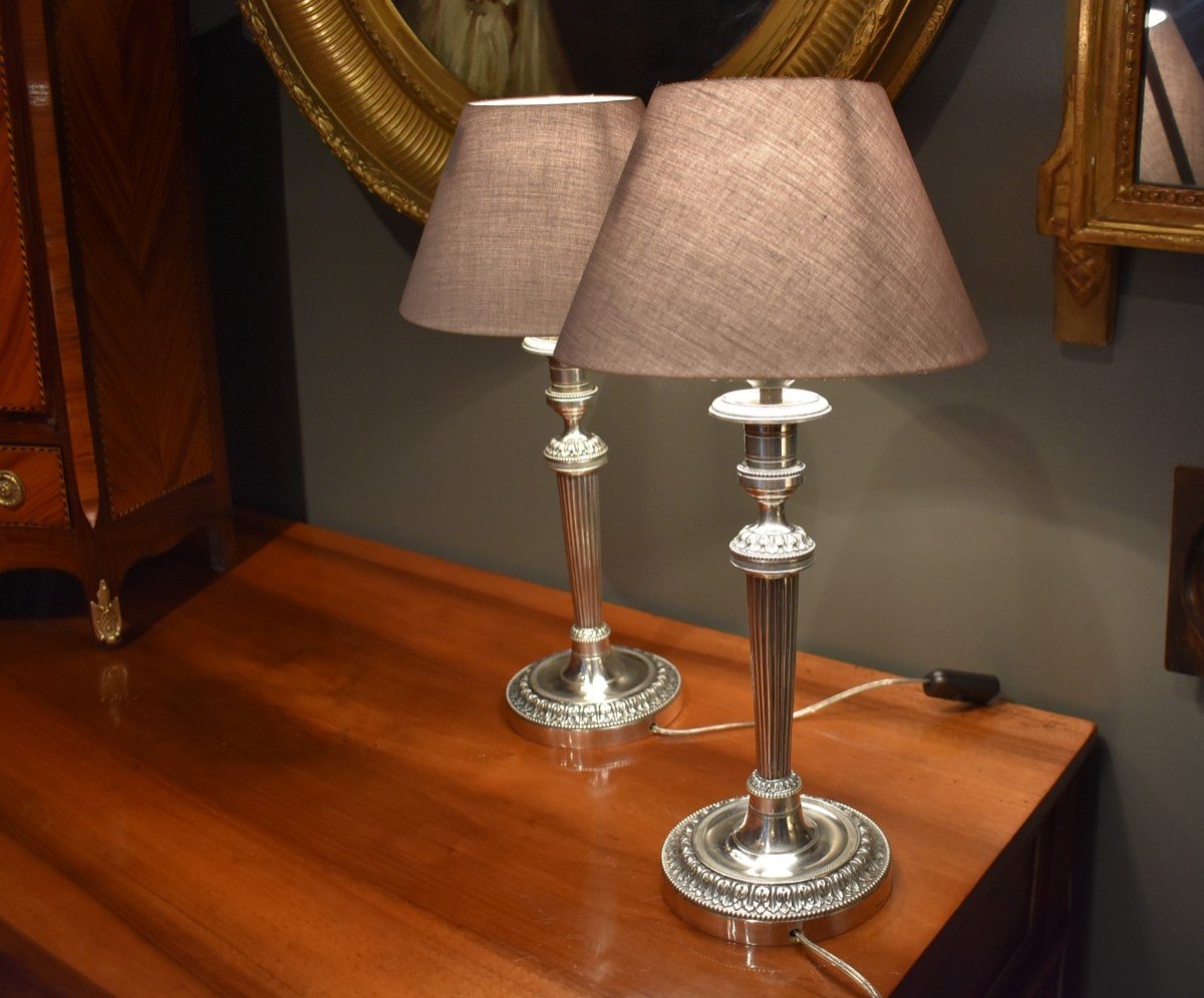 Pair Of Silver Metal Lamps Louis XVI Style-photo-2