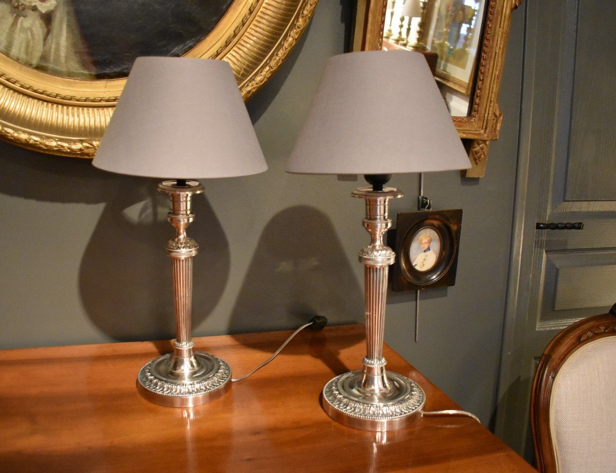 Pair Of Silver Metal Lamps Louis XVI Style-photo-3