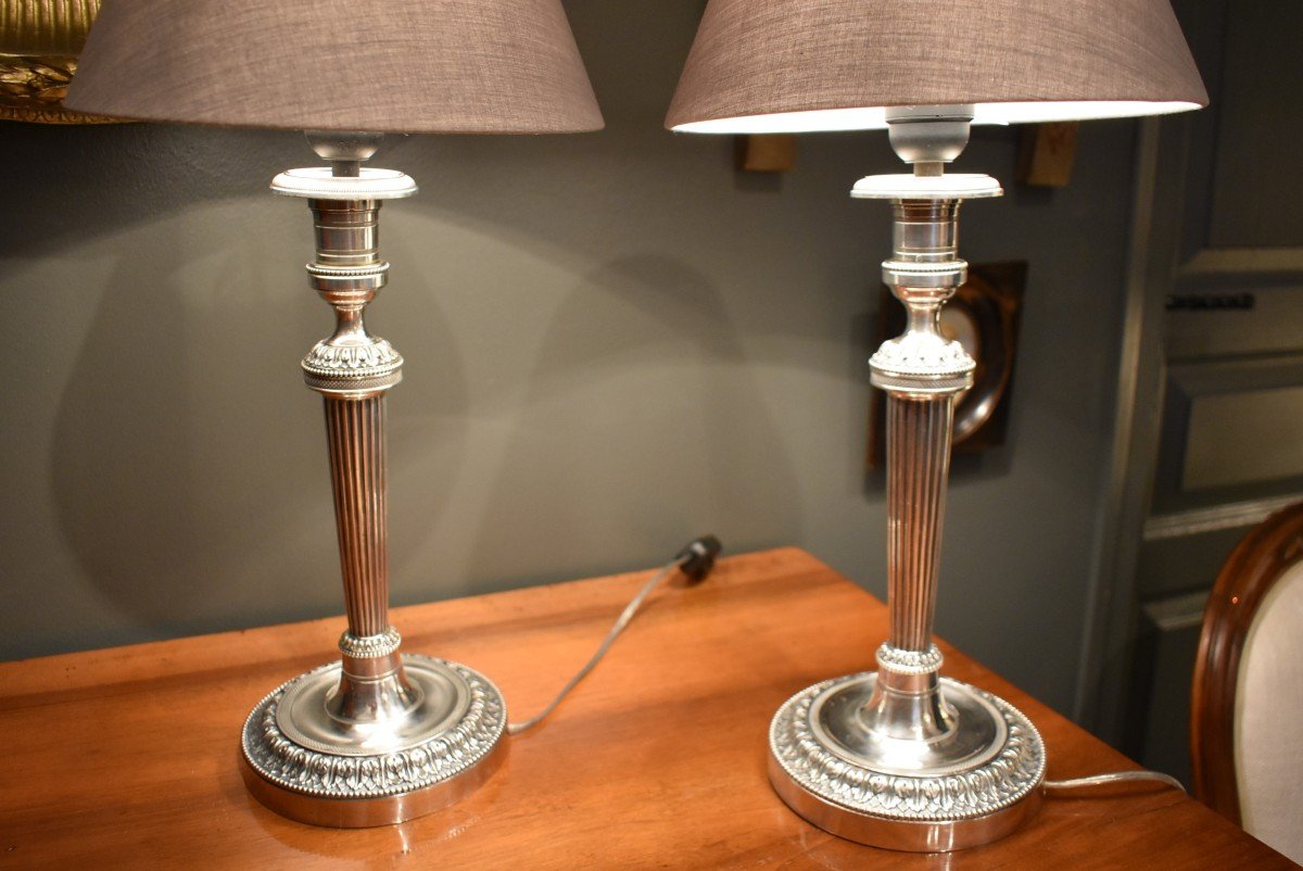 Pair Of Silver Metal Lamps Louis XVI Style-photo-4