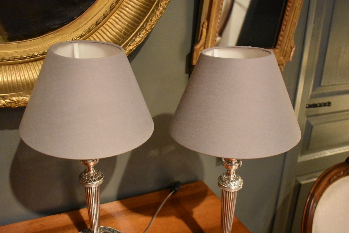 Pair Of Silver Metal Lamps Louis XVI Style-photo-6