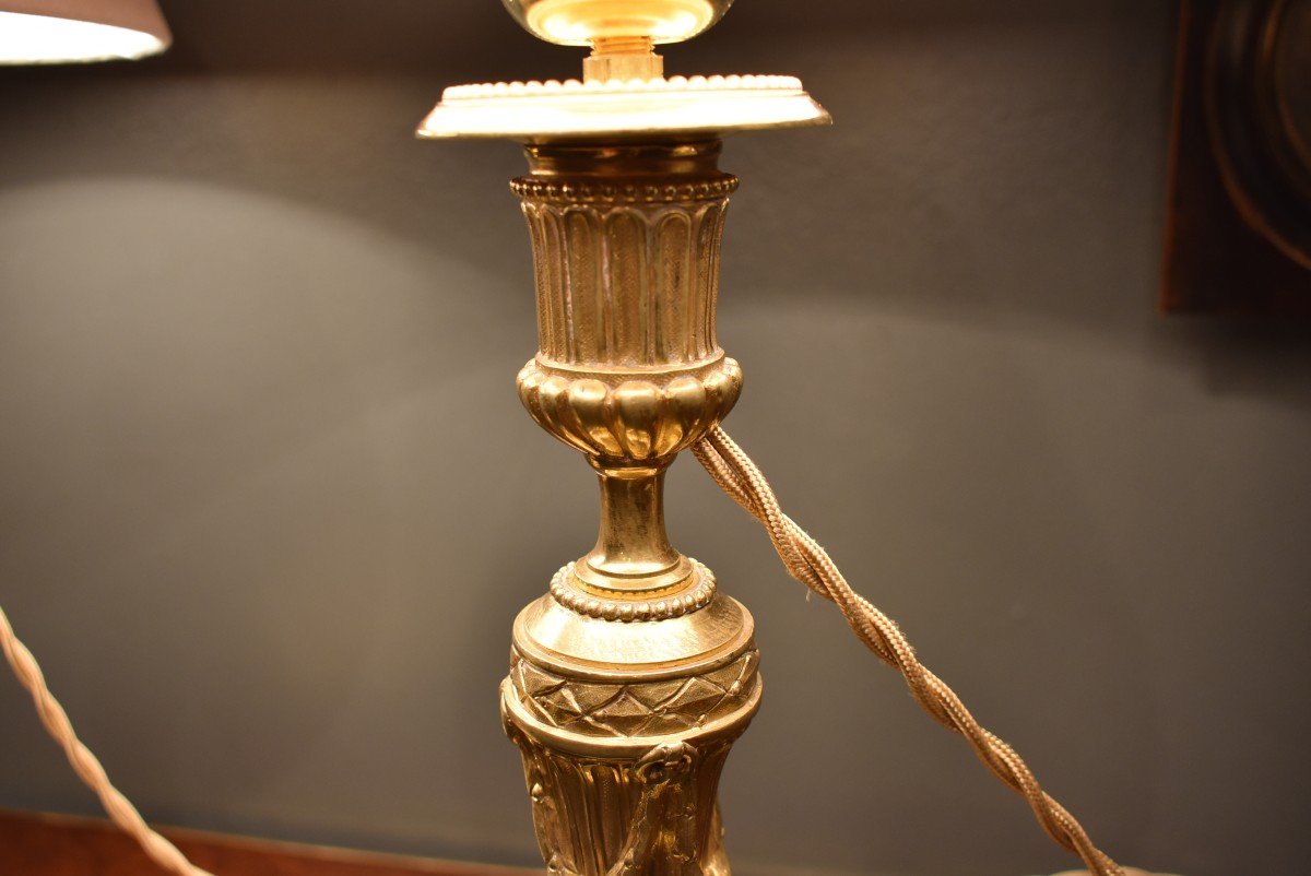 Pair Of Louis XVI Style Lamps  Of Gilded Bronze-photo-2