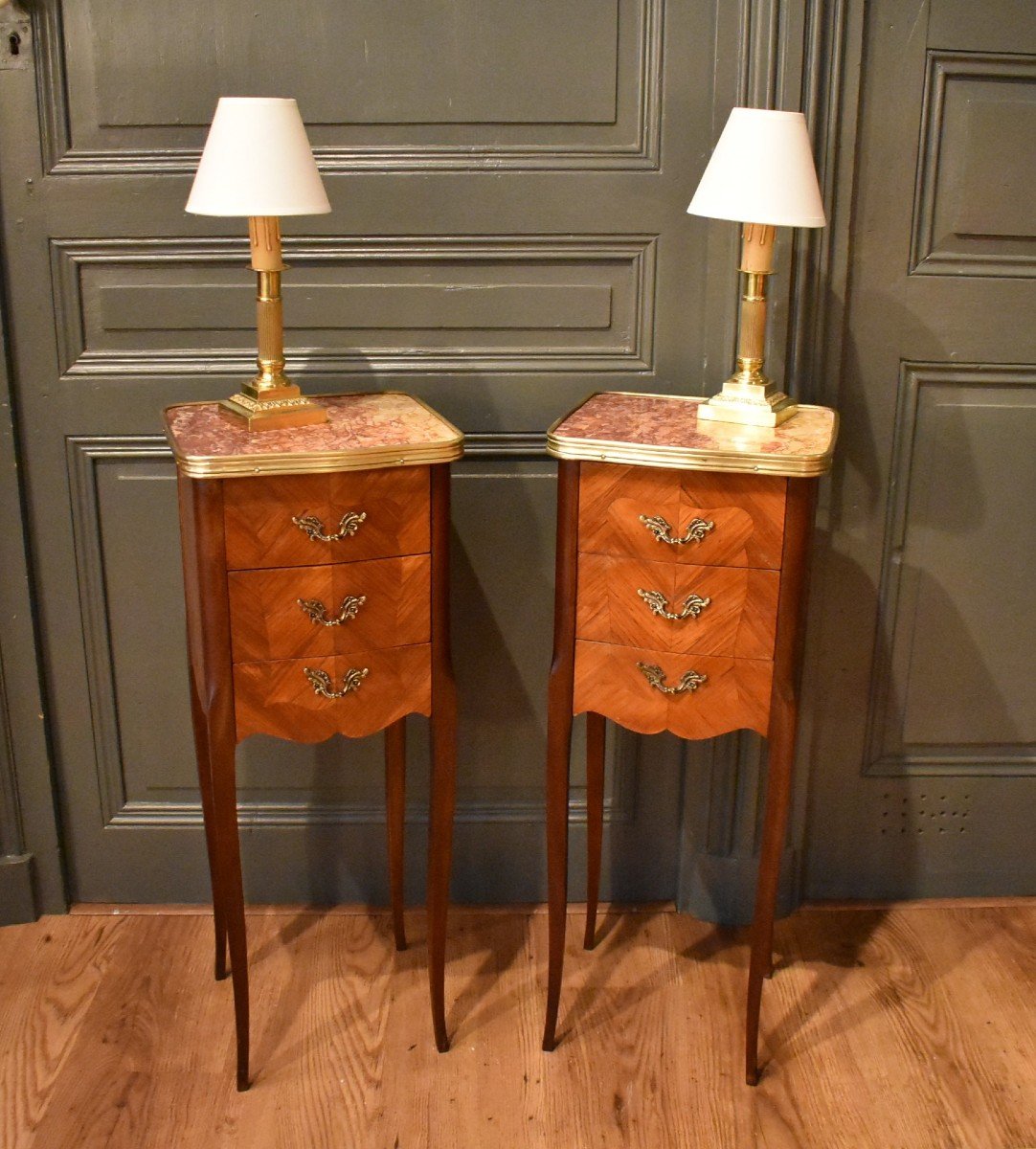 Pair Of Small Marquetry Bedside Tables