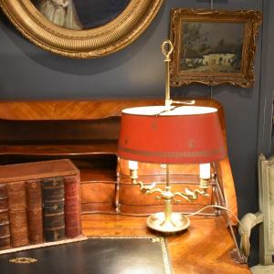 Bouillotte Lamp With Two Lights With Winged Swans Red Lampshade
